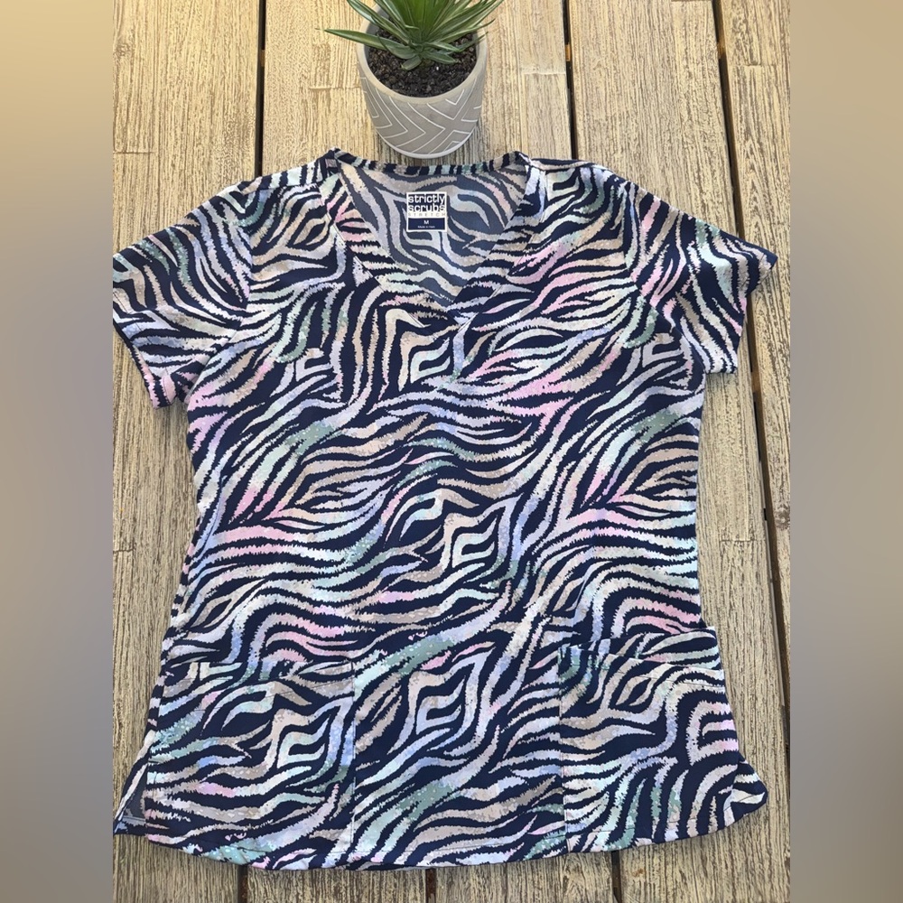Women's Blue Zebra print Scrub Top, Size Medium